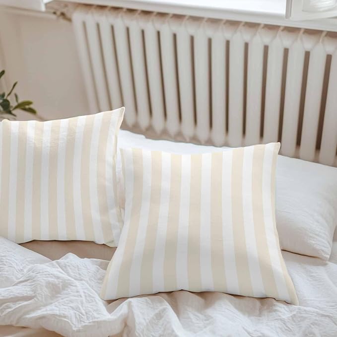 Cream Striped Outdoor Waterproof Throw Pillow Covers 18x18 Set of 2, Modern Farmhouse Cream White Stripes Decorative Pillowcases Cushion Pillowcase for Couch Sofa Patio Outside Pillow Protector