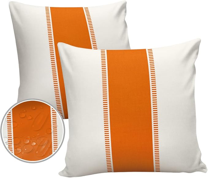 Outdoor Waterproof Throw Pillow Covers 26 x 26 Inches Set of 2 Orange White Stripes Minimalist Simple Pattern Decorative Cushion Cover Pillowcase for Garden Patio Tent Beach Livingroom Sofa Couch