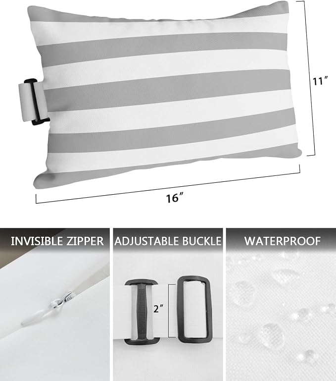 Grey Striped Outdoor Pillows with Insert Classic Grey and White Geometric Waterproof Patio Pillows with Adjustable Strap Rectangle Head Recliner Lounger Chair Throw for Patio Furnitures, 2 Pack