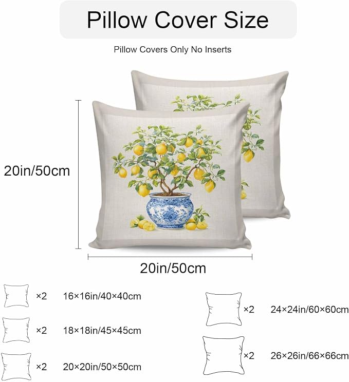 Summer Lemons Outdoor Pillow Covers 18x18 Inch Throw Pillow Covers Set of 2 Waterproof Decorative Pillow Cases Brown Beige Farmhouse Botanical Linen Cushion Covers for Patio Furniture Garden Couch