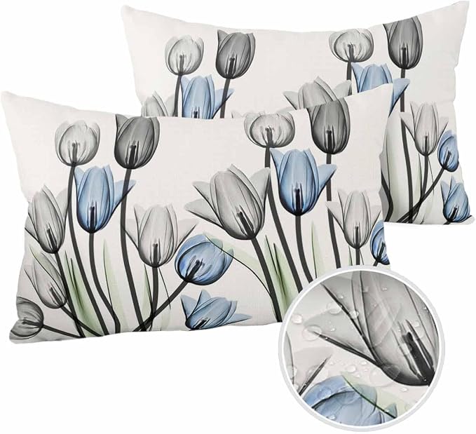 Vandarllin Outdoor Throw Pillows Covers 12X20 Set of 2 Waterproof Gray Blue Tulip Decorative Zippered Lumbar Cushion Covers for Patio Furniture, Spring Summer Flowers Floral