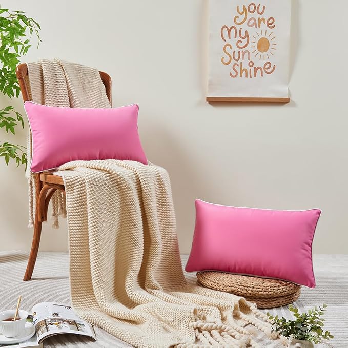 JOJOGOGO 12x20 Hot Pink Outdoor Lumbar Pillows Waterproof Set of 2, Cute Pink Room Decor Couch Lumbar Pillow Covers, 12 x 20 Patio Furniture Pillows Outdoor Waterproof & Sunproof (No Pillow Inserts)