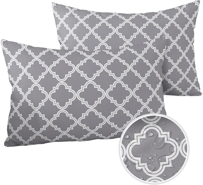 Outdoor Waterproof Pillow Covers for Patio Furniture Moroccan Pattern Decorative Throw Pillow Cover Geometric Trellis Grey Pillowcases Set of 2 Cushion Case for Sofa Couch Chair Home Decor 20x12 inch