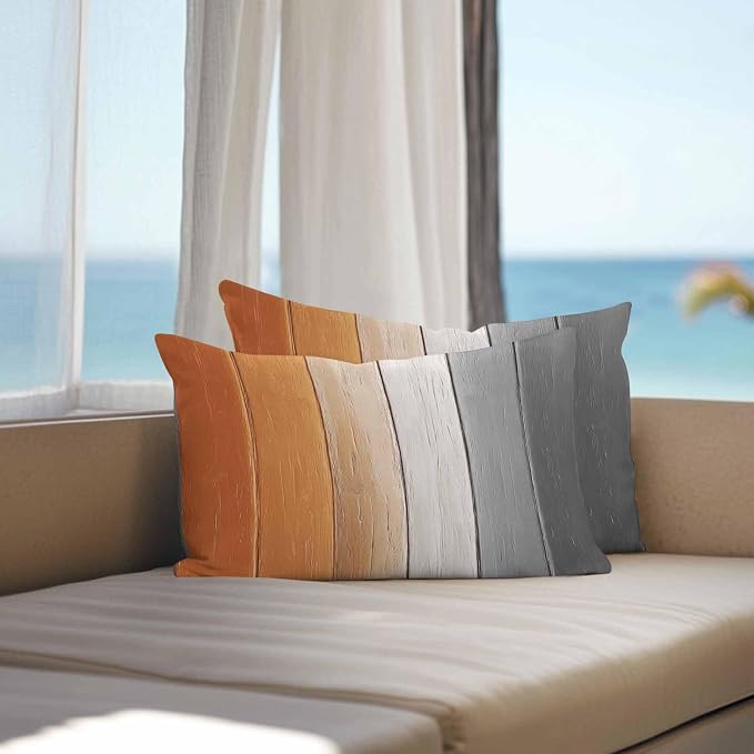 Lumbar Pillow Covers 20x12 Inch Set of 2, Burnt Orange Gray Ombre Waterproof Outdoor Cushion Covers, Vintage Farmhouse Wooden Decorative Pillowcases for Couch, Sofa, Bed, Garden, Patio