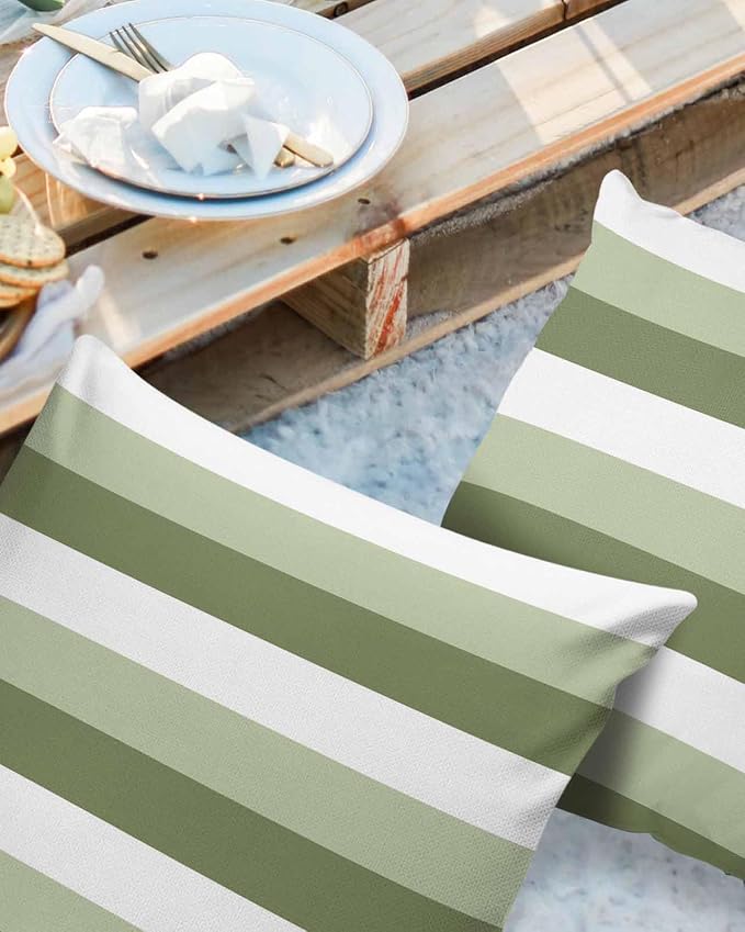 Pack of 2 Ombre Green Stripe Outdoor Pillow Waterproof Covers 24x24 inch, Geometric Art Polyester Throw Pillow Covers Garden Cushion Decorative Case for Patio Couch Decoration