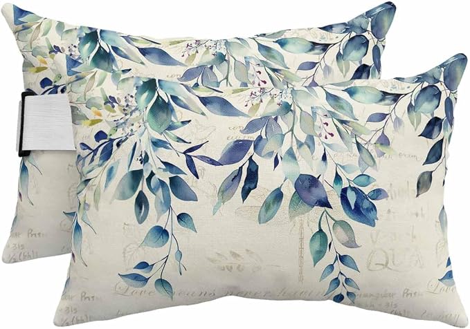 Lumbar Pillow Covers Set of 4, Blue Teal Eucalyptus Leaves Waterproof Outdoor Chaise Lounge Pillow Covers with Elastic Strap, Watercolor Vintage Botanical Headrest Pillowcase for Patio, 11 x 16