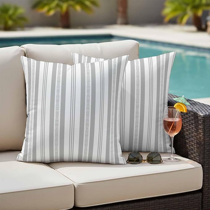 Gery Striped Outdoor Waterproof Pillow Covers, Farmhouse Stripes Modern Geometric Decorative Square Throw Pillowcase Sofa Cushion Sham for Patio/Couch/Chair, 20"x20" 2 Pack