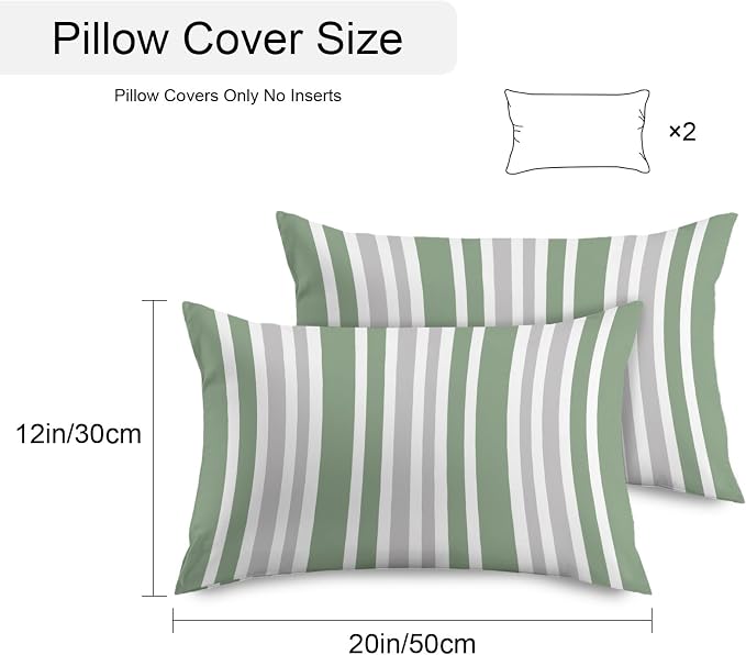 Sage Green Grey Stripe Outdoor Pillow Covers 20x12 Inch Lumbar Pillow Covers Set of 2 Waterproof Decorative Throw Pillow Cases Farmhouse Minimalist Striped Cushion Covers for Patio Furniture Garden