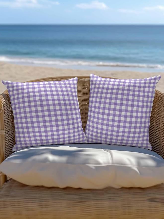 Outdoor Waterproof Throw Pillows Purple White Checkered Plaid Patio Pillows,Decorative Pillow Covers with Insert,Pillow Cushion Case for Garden Couch Sofa Gradient Buffalo Check