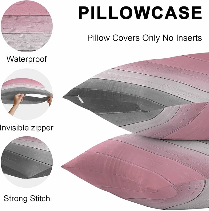 Pink Gray Outdoor Pillow Covers 20x20 Inch Throw Pillow Covers Set of 2 Waterproof Decorative Pillow Cases Vintage Country Gradient Wooden Plank Line Cushion Covers for Patio Furniture Garden Couch