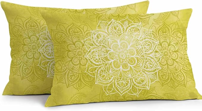 Vandarllin Outdoor Throw Pillows Covers 20x12 inch Set of 2 Waterproof Yellow Boho Floral Decorative Zippered Cushion Covers for Patio Furniture, Bohemian Flower Lumbar Pillowcases