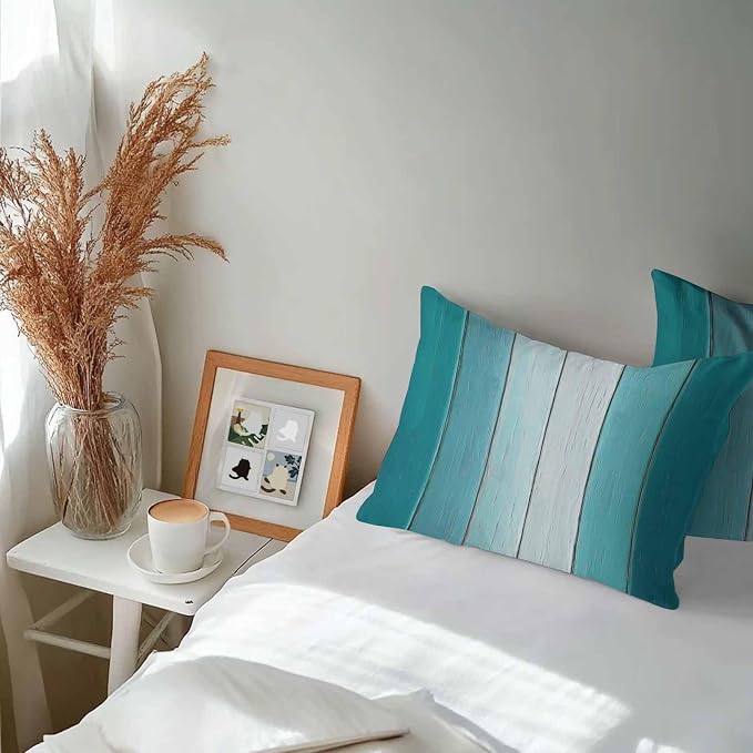 Lumbar Pillow Covers 20x12 Inch Set of 2, Aqua Ombre Waterproof Outdoor Cushion Covers, Vintage Country Wooden Decorative Pillowcases for Couch, Sofa, Bed, Garden, Patio