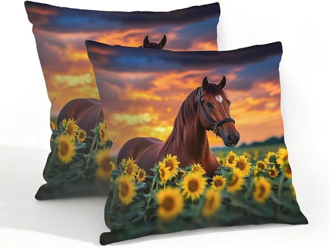 20x20 Inch Outdoor Pillow Covers Set of 2 Waterproof Throw Pillow Covers Decorative Couch Cushion Covers Brown Horse Sunflower Square Pillowcases Protectors for Patio Garden Sofa