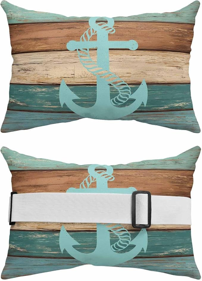Pack of 2 Outdoor Lumbar Cushions with Inserts, Retro Gradient Anchor Farm Wood Grain Waterproof Fluffy Fade Body Pillows, Patio Furniture Pillow for Home Balcony Garden Decor 11x16IN
