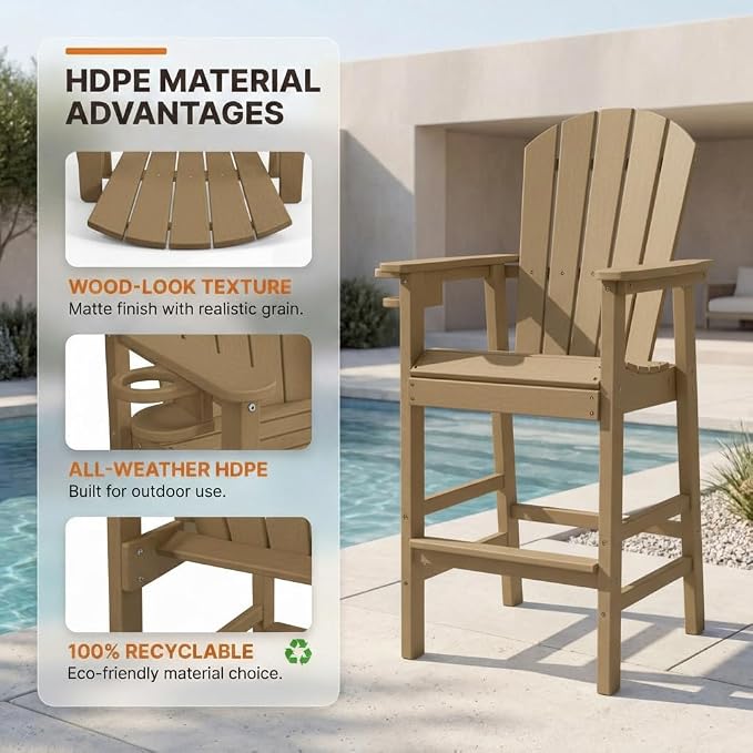 WILLIAMSPACE Patio Bar Chair Bar Stool, Outdoor All Weather HDPE Height Adirondack Chair with Armrests & Cup Holder, 1-Piece Counter Height Chair for Pool, Garden, Kitchen, ONLY 1 Chair (Brown)