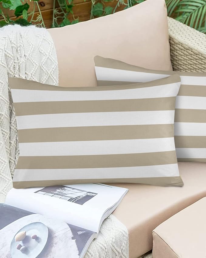 Outdoor Pillows 20x12 Waterproof Outdoor Pillow Covers Khaki White Stripes Polyester Throw Pillow Covers Garden Cushion Decorative Case for Patio Couch Decoration Set of 2 Geometric