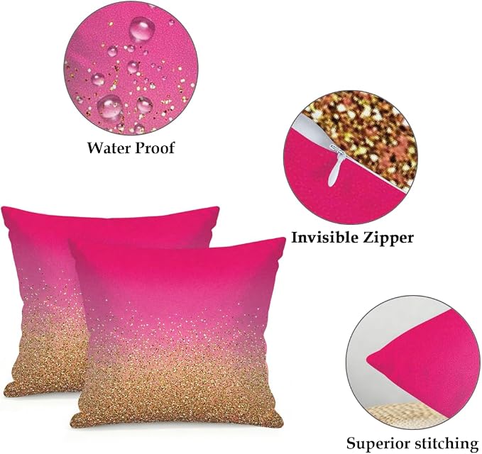 20x20 Inch Outdoor Pillow Covers Set of 2 Waterproof Throw Pillow Covers Decorative Couch Cushion Covers Pink Gold Glitter Square Pillowcases Protectors for Patio Garden Sofa