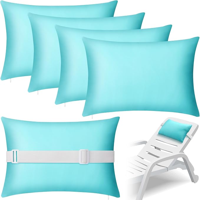 Lineshading 4 Pcs Chaise Lounge Pillow with Strap Outdoor Waterproof Pool Chair Neck Headrest Pillows with Adjustable Elastic Band for Beach Patio Chair Recliner(Light Blue,Solid)