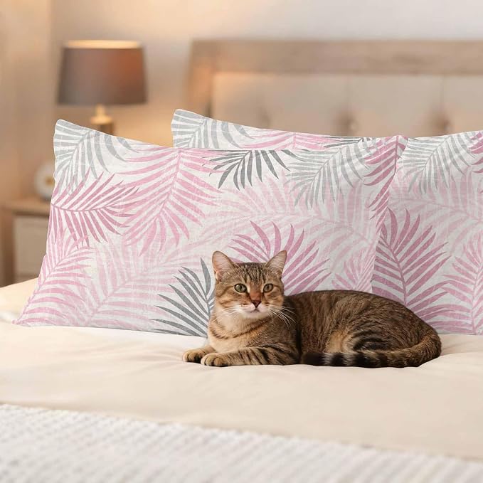 Outdoor Waterproof Throw Pillow Covers, Pink Grey Palm Leaves Decorative Pillow Cases, Summer Botanical Tropical Leaf Couch Pillow Protector Patio Sofa Cushion Covers Replacement 20"x12" 2 Pack