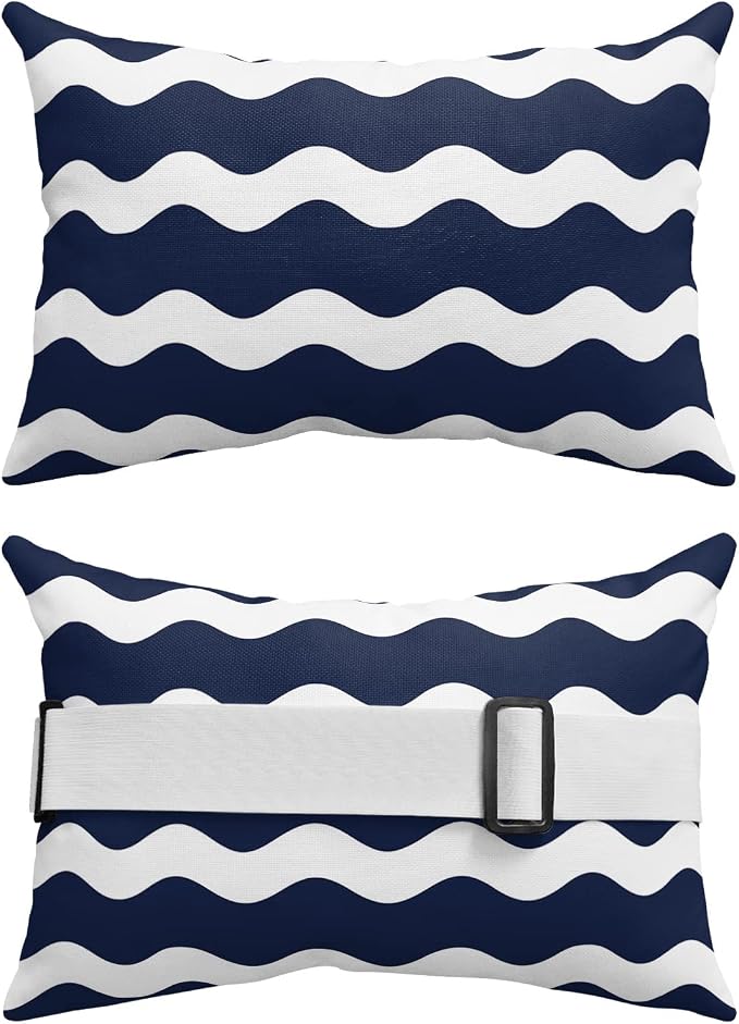 Prime Leader Recliner Head Pillow Lounge Chair Pillows with Insert Navy Blue Wavy Stripes Lumbar Pillow with Adjustable Strap Outdoor Waterproof Patio Pillows for Couch Beach Pool Office Chair, 2 PCS