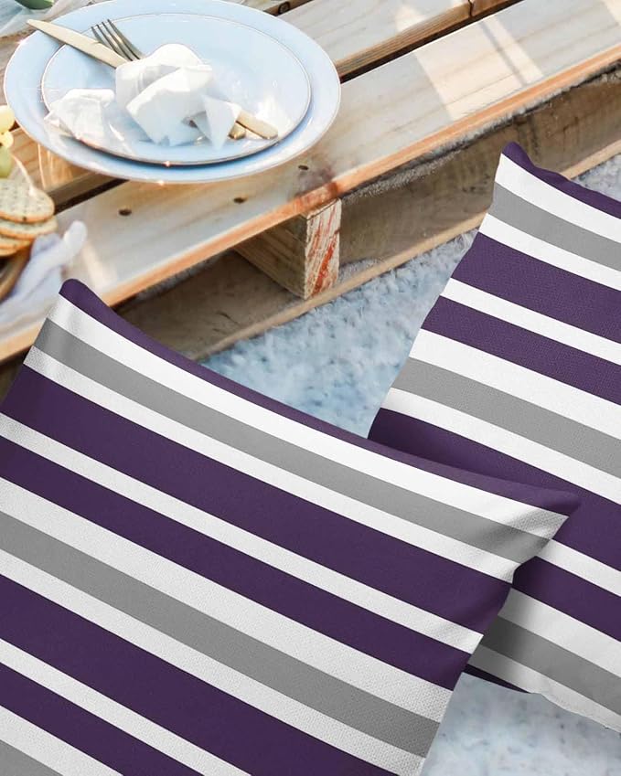 Outdoor Waterproof Throw Pillow Covers Set of 2 Grey Purple Stripes Decorative Outdoor Pillows Cushion Case 16x16 Inch Classic Striped Patio Pillows for Couch Sofa Bed Garden Office Home Decor