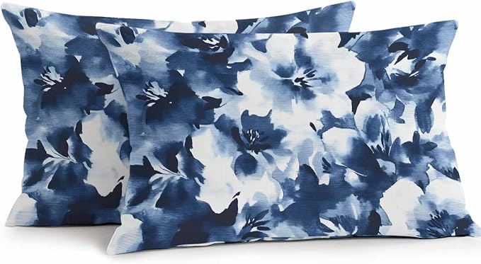 Abstract Watercolor Flower Art Outdoor Pillow Covers Set of 2,Decorative Waterproof Throw Pillow Case, Natural Blue White Floral Cotton Linen Soft Cozy Cushion Pillowcases