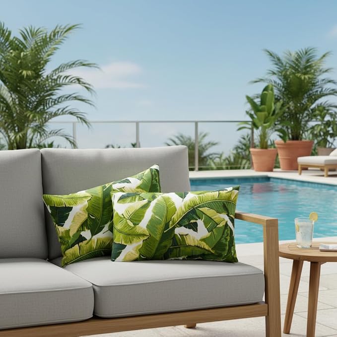 Set of 2 Outdoor Throw Pillows 19 x 12 Inch – Reversible Rectangle Patio Accent Pillows – Weather-Resistant Polyester Fabric – Eco-Friendly Recycled Polyfiber Fill – Palm Leaves White