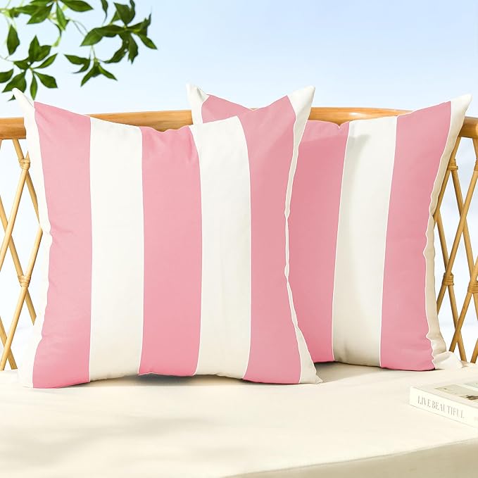 Allorry Outdoor Pillow Covers 18x18 Pink Striped Outdoor Decor JB007H18 | Striped Pillow Covers|for Spring Summer Outdoor Waterproof Garden Patio Furniture Sofa Bed Home Decor
