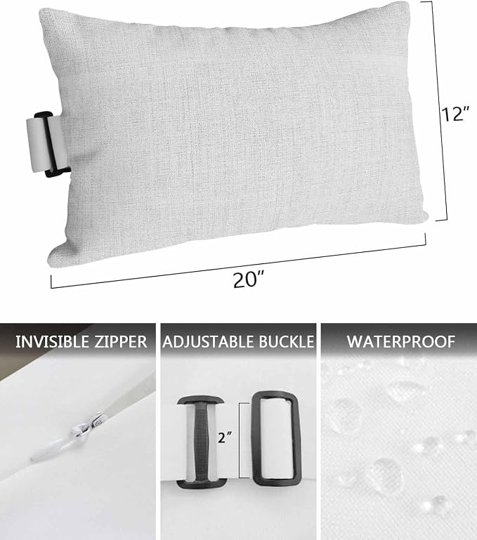 Pack of 2 Outdoor Lumbar Pillow Covers 12x20 Inch, White Burlap Texture Waterproof Throw Pillow Covers Set, Farmhouse Vintage White Indoor&Outdoor Decorative Cushion Cases for Patio Porch Beach