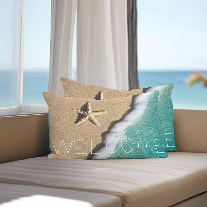 Summer Coastal Outdoor Throw Pillow Cover Ocean Starfish Shells on Beach Waterproof Cushion Covers 2 Pack Welcome Texts Pillow Cases Home Decoration for Patio Garden Couch Sofa 20x12In