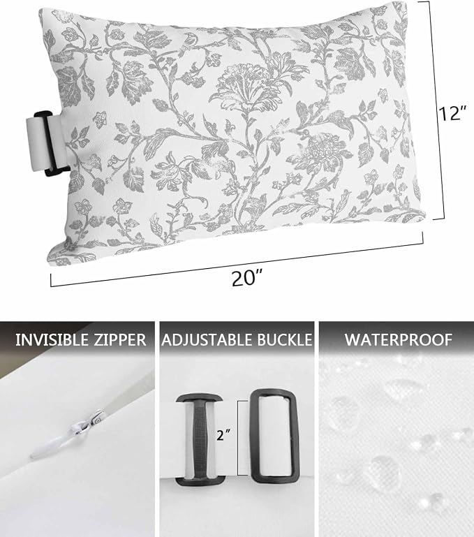 Pack of 2 Outdoor Lumbar Pillow Covers 12x20 Inch, Boho Gray Flower Waterproof Throw Pillow Covers Set, Vintage Farmhouse Leaf Spring Plant Indoor&Outdoor Cushion Cases for Patio Porch Beach