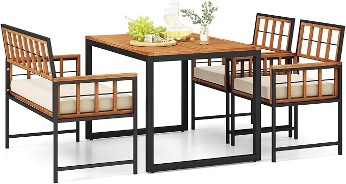 HAPPYGRILL 4 Pieces Wood Patio Dining Set with 1 Table, 1 Loveseat and 2 Armchairs, Outdoor Table and Chairs with 1.96" Umbrella Hole and Comfortable Cushions for Backyard, Deck and Poolside