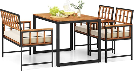HAPPYGRILL 4 Pieces Wood Patio Dining Set with 1 Table, 1 Loveseat and 2 Armchairs, Outdoor Table and Chairs with 1.96" Umbrella Hole and Comfortable Cushions for Backyard, Deck and Poolside