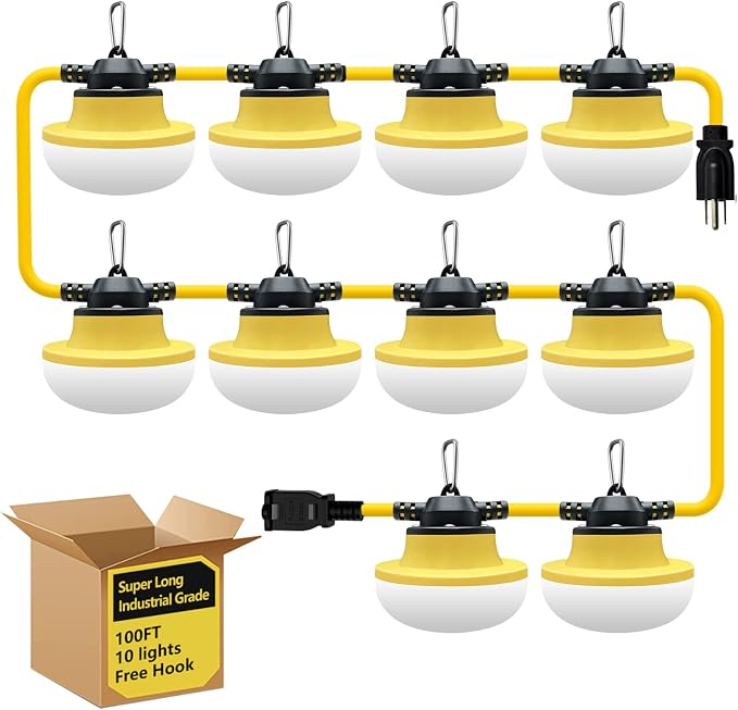 New 100FT Construction String Lights LED Industrial Grade 3Prong | Best for Construction Sites,Renovation, Walkways,Patio,Mine cave,Outdoor Lighting Solutions Use,Free for Climbing Hook