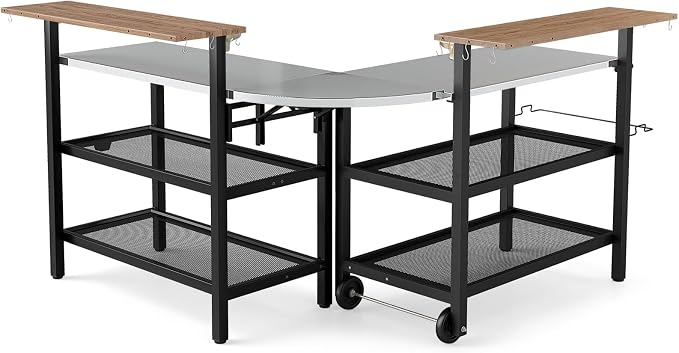Giantex 2-Piece Outdoor Kitchen Grill Cart Set, Stationary Prep Table & Mobile Grill Cart with Wheels, Connectable L-Shaped Configuration, Flip-Up Bar Top, Foldable Side Table, BBQ Cooking Station