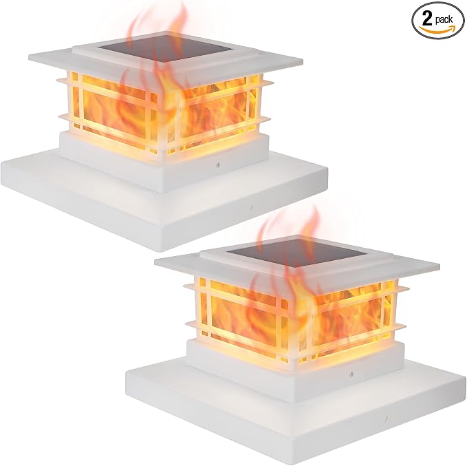 Dynaming 2 Pack Solar Post Cap Lights Outdoor with Flickering Flame Light, White Shell Fence Post Solar Lights Fit 4x4 5x5 Vinyl/Wooden Posts, Brightness LED Lighting Decor for Garden Deck Patio