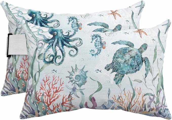 Sea Turtle Outdoor Pillows with Insert 12x20 Inch Marine Life Coral Shell Starfish Octopus Ocean Waterproof Headrest Pillows with Adjustable Strap Lounger Chair Throw for Patio Furnitures , 2 Pack