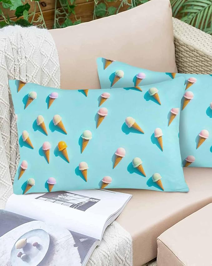 Lumbar Pillow Covers 12 x 20 Inches, Blue Ice Cream Waterproof Throw Pillow Cover Set of 2, Summer Colorful Ice Cream Home Decorative Rectangle Cushion Covers for Patio/Tent/Couch/Garden