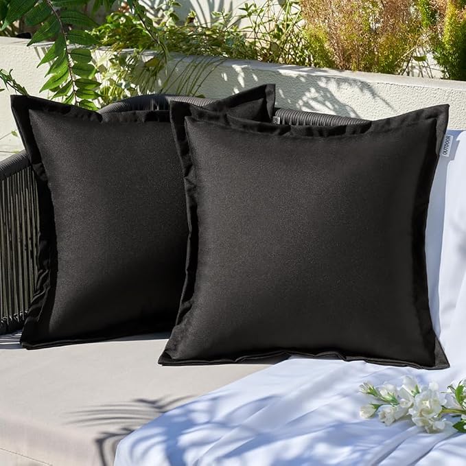 EMEMA Pack of 2 Black Outdoor Pillows Waterproof 18x18 Inch Decorative Solid Broadside Square Throw Pillow Covers Outside Pillowcase for Patio Furniture Sunbrella Outdoor Pillows for Balcony Decor