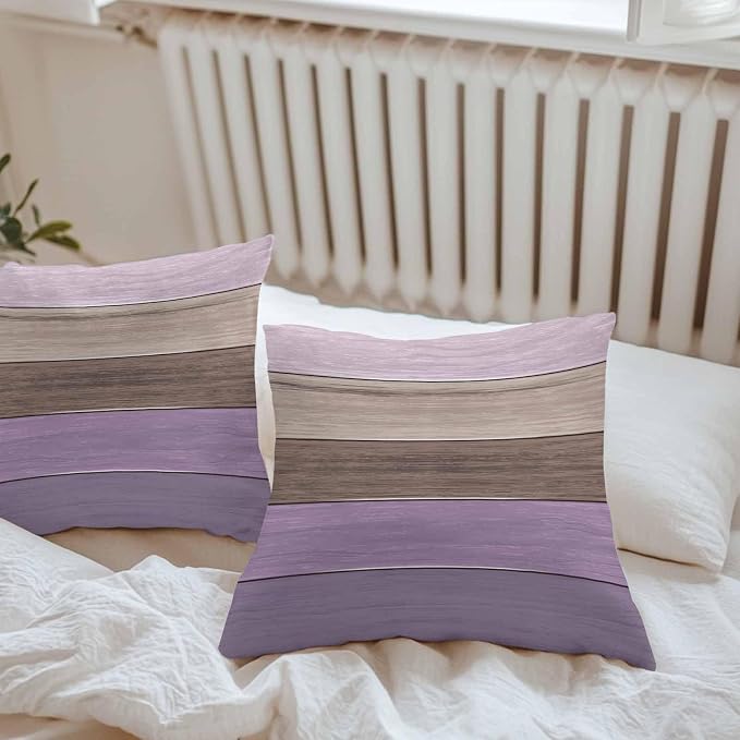 Outdoor Throw Pillow Covers 24X24 Set of 2 Waterproof Ombre Lavender Purple Brown Decorative Zippered Cushion Covers for Patio Furniture, Farmhouse Retro Rustic Barn Wood Texture Lumbar Pillowcases