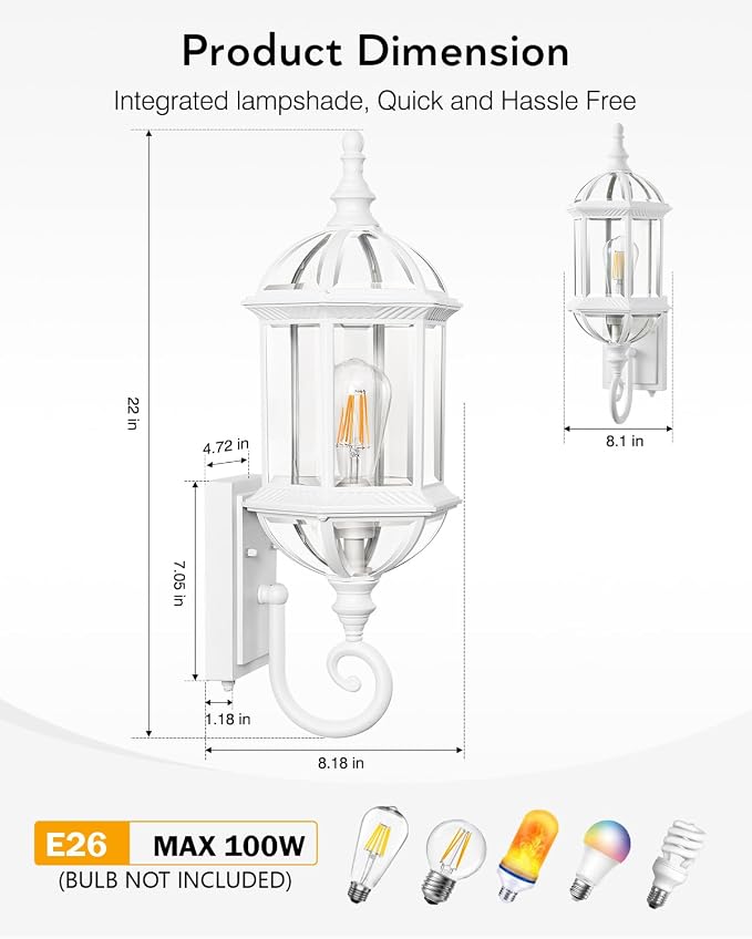 VIANIS Dusk to Dawn Porch Lights Outdoor, Classic White Outdoor Wall Lights, Anti-Rust Outside Lights for House with Tempered Beveled Glass, Waterproof Exterior Lighting Fixtures for House, Entryway