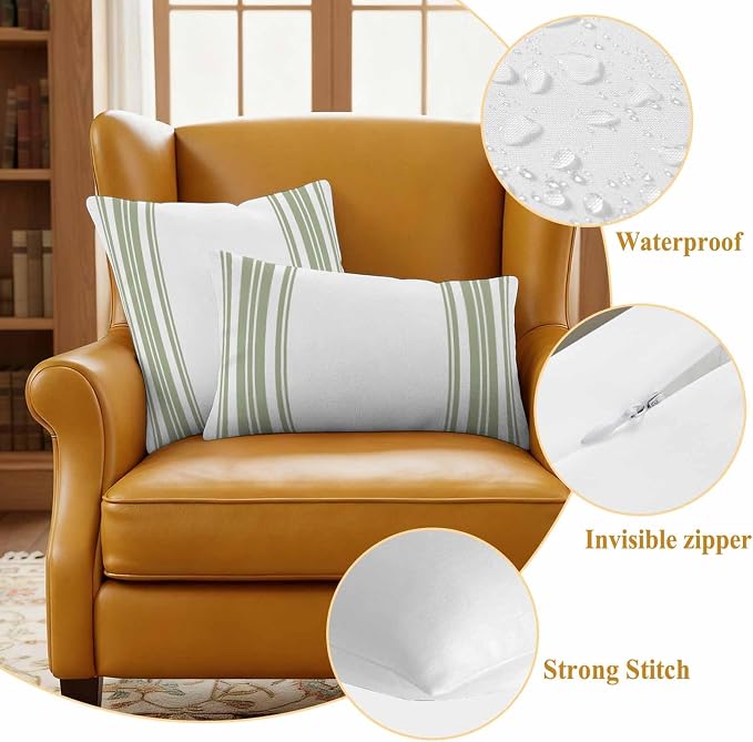 Outdoor Waterproof Throw Pillow Covers Set of 2 Sage Green Stripes Lumbar Pillowcases 20x12 Inches White Vertical Striped Decorative Pillows Cushion Case Patio Pillows for Couch Bed Chair Garden