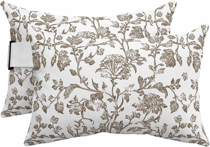 Pack of 4 Outdoor Lumbar Pillow Covers 11x16 Inch, Brown Flower Waterproof Throw Pillow Covers Set, Vintage Farmhouse Boho Leaf Spring Plant Indoor&Outdoor Cushion Cases for Patio Porch Beach