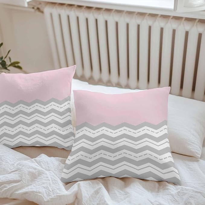 Grey Chevron Waterproof Outdoor Pillow Covers Set of 2 Home Decor, Geometric Pink Print Wavy Striped White Pillowcase Patio Pillow Covers for Couch Bench Furniture Garden 20x20in