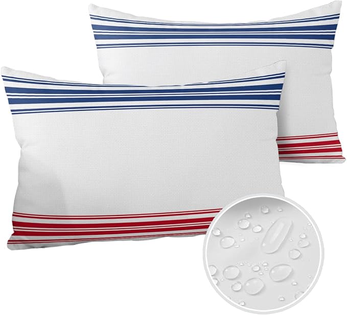 Prime Leader Outdoor Waterproof Pillow Covers Set of 2, Independence Day Flag Day Blue Red Stripe Patio Throw Pillow Covers, Decorative Cushion Case for Couch Sofa Furniture Garden, 20x12 Inch