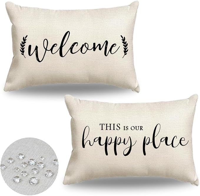 Front Porch Decor Cream Outdoor Lumbar Pillow Covers Waterproof 12x20 | Set of 2, No Inserts, Weather Resistant, Patio Furniture, Minimalist Neutral Home Decor, This Is Our Happy Place Sign
