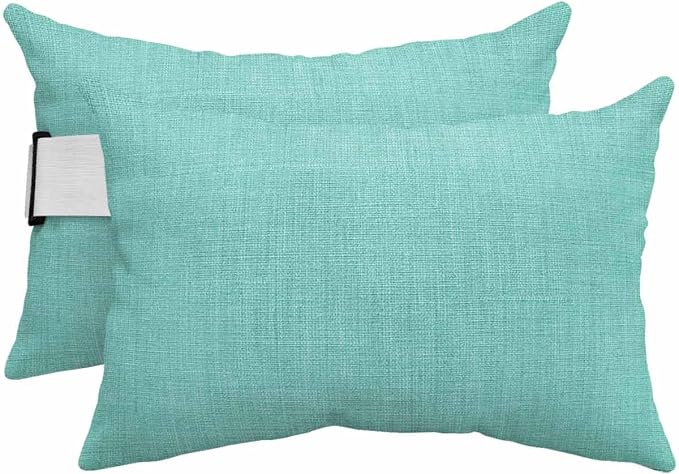 Pack of 2 Outdoor Lumbar Pillow Covers 12x20 Inch, Turquoise Burlap Texture Waterproof Throw Pillow Covers Set, Farmhouse Vintage Aqua Indoor&Outdoor Decorative Cushion Cases for Patio Porch Beach