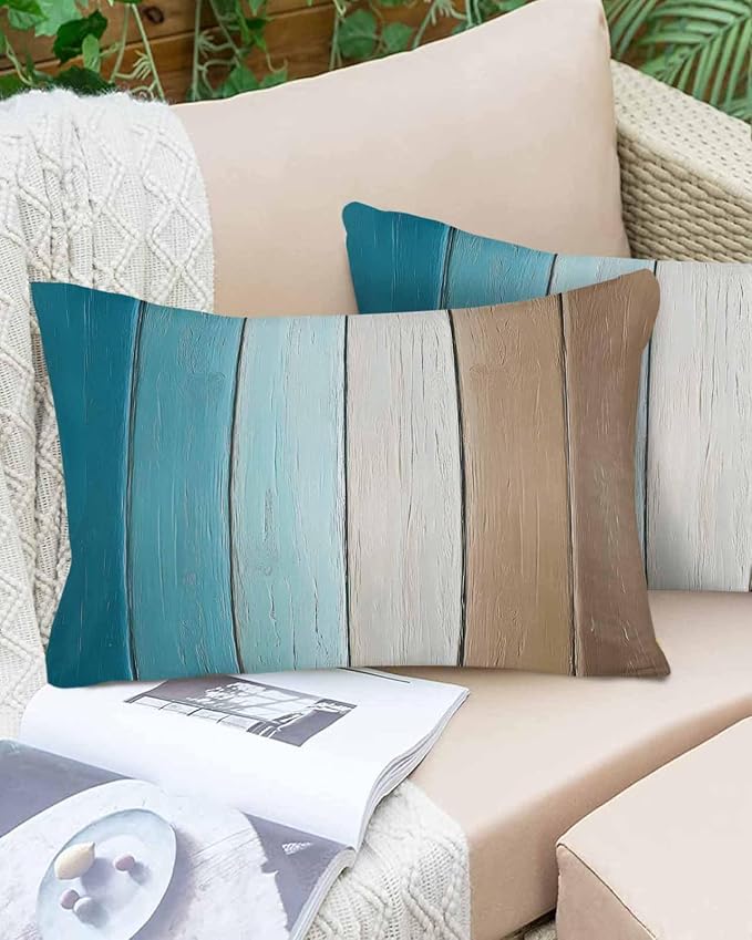 Lumbar Pillow Covers 20x12 Inch Set of 2, Teal Brown Ombre Waterproof Outdoor Cushion Covers, Vintage Country Wooden Decorative Pillowcases for Couch, Sofa, Bed, Garden, Patio