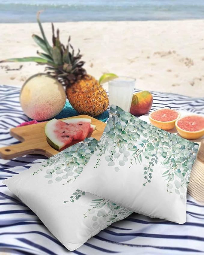 Eucalyptus Leaves Outdoor Pillow Covers Pack of 2, Watercolor Green Plants Waterproof Pillow Covers Seasonal Spring Summer Throw Pillowcase for Patio Funiture Garden Tent, 20 x 20 inch