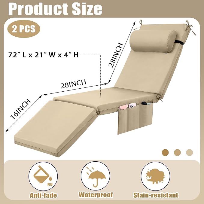RattanView 2 Pcs Outdoor Chaise Lounge Cushion with Pillow and Side Pockets Waterproof Lounge Chair Cushions for Outdoor Furniture Patio Lounger Pad for Outside Pool Lawn (Beige,72 x 21 x 4)